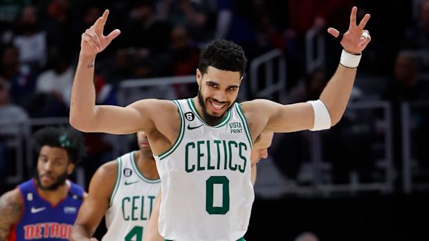 Celtics forward Jayson Tatum celebrates
